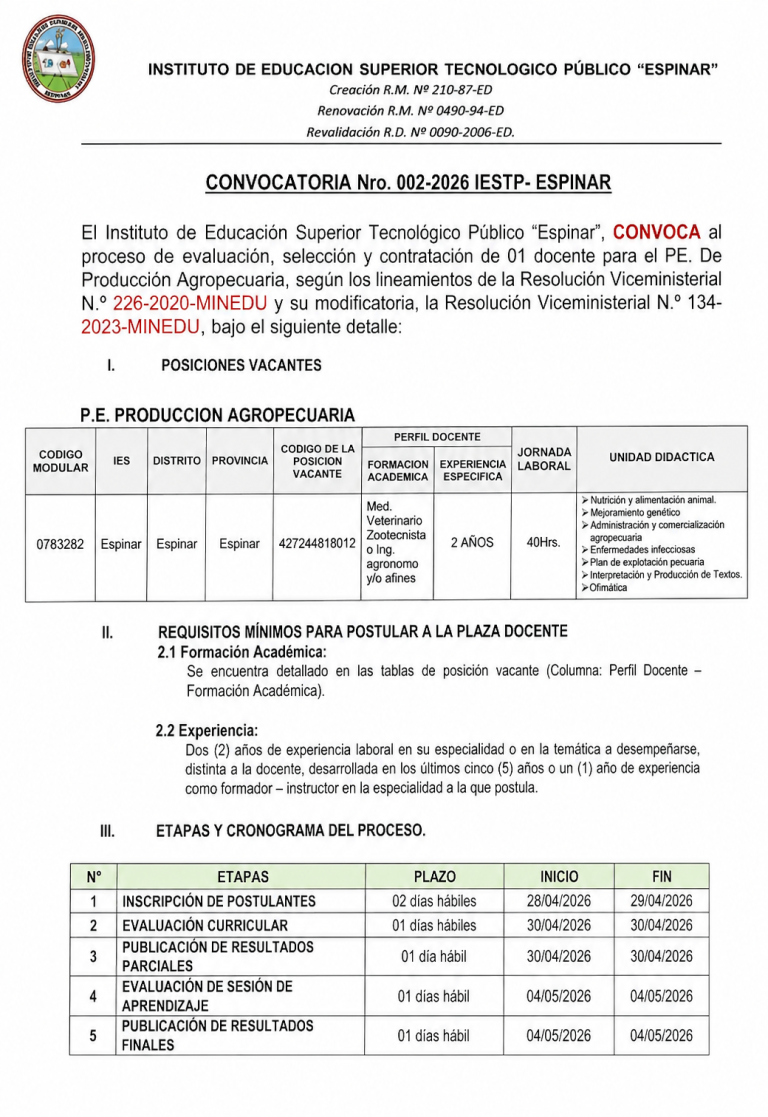Convocatoria Nro. 002 IESTP ESPINAR